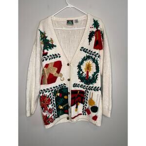 1980s Casual Corner Christmas Patchwork Ornaments Holly Jingle Bells Cardigan L